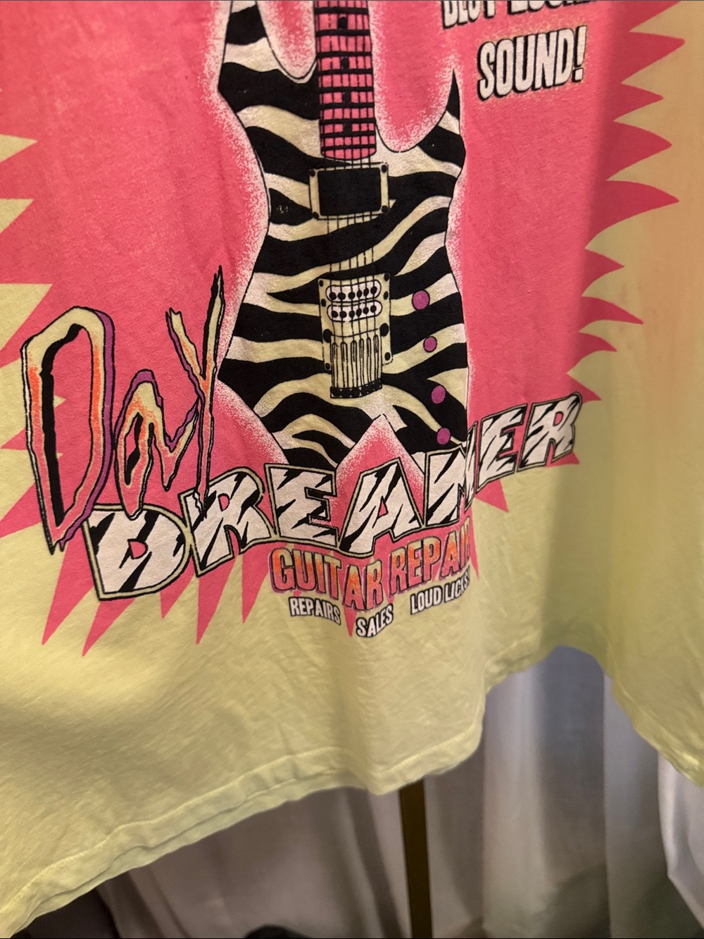 Daydreamer Neon Yellow Tee with Pink & Black Guitar Graphic - Picture 4 of 5